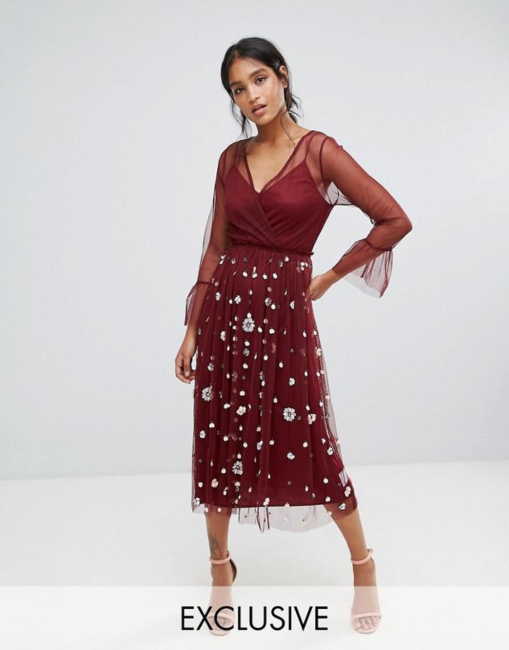 Lace & Beads Embellished Tulle Dress With Frill Sleeve - Red