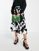 Asos Design Full Midi Skirt With Button Waist Detail In Mono Abstract Print-multi
