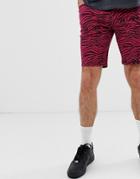 Asos Design Skinny Denim Shorts In Pink Zebra Print - Pink