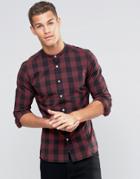 Asos Skinny Shirt In Burgundy Buffalo Plaid With Grandad Collar - Red