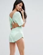 Asos Flutter Sleeve Romper With Bow Back - Green