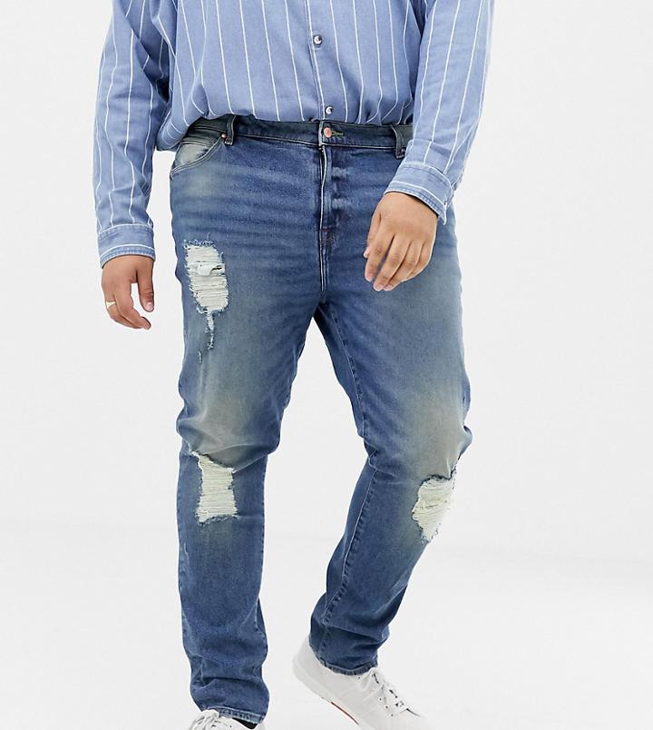 Asos Design Plus 12.05oz Skinny Jeans In Mid Wash Blue With Heavy Rips
