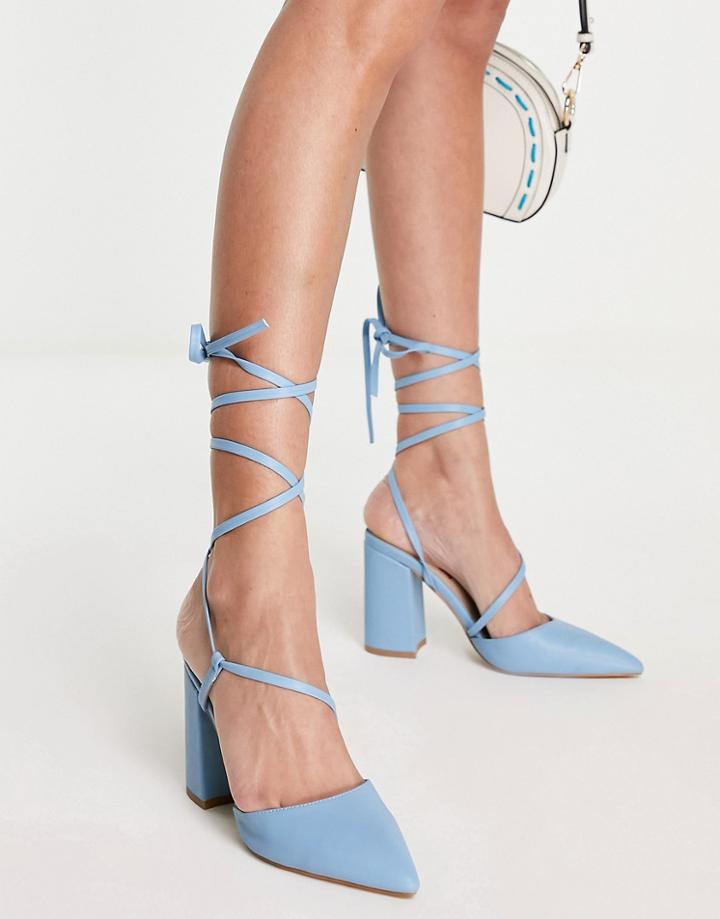 London Rebel Block Heel Tie Leg Shoes In Blue