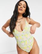 Asos Design Shirred Swimsuit In Floral Print-multi