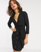 Asos Design Button Through Tie Wrap Around Mini Dress-black