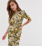 Asos Design Petite Ruched Side Mini Dress In Natural Tiger Print - Multi