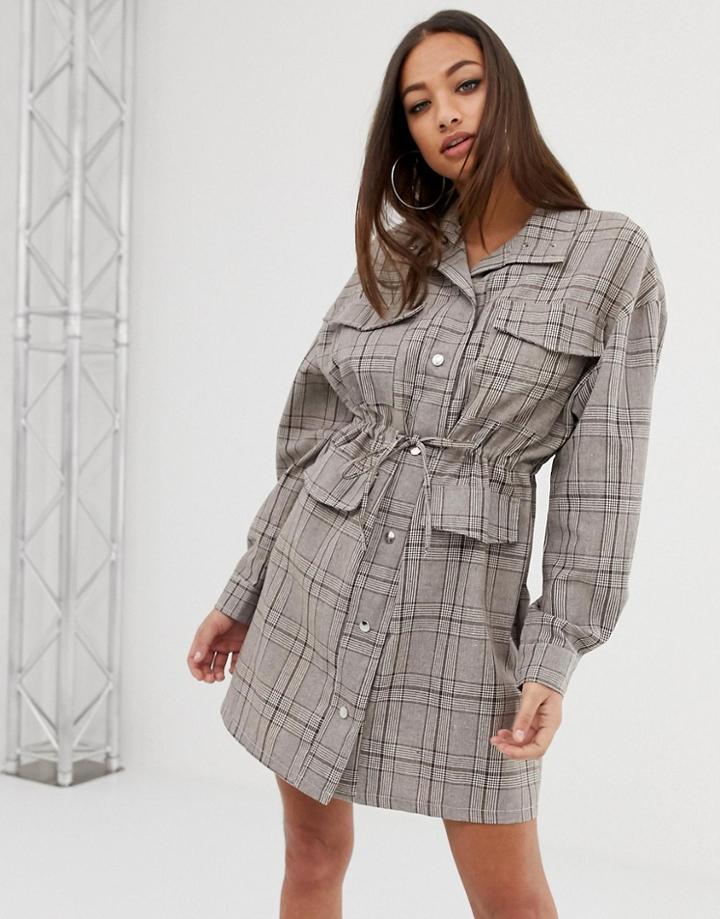 Prettylittlething Popper Shirt Dress With Drawstring In Check - Red