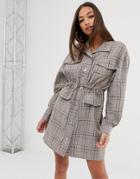 Prettylittlething Popper Shirt Dress With Drawstring In Check - Red