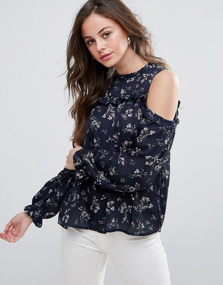 Qed London Cold Shoulder Floral Top - Navy