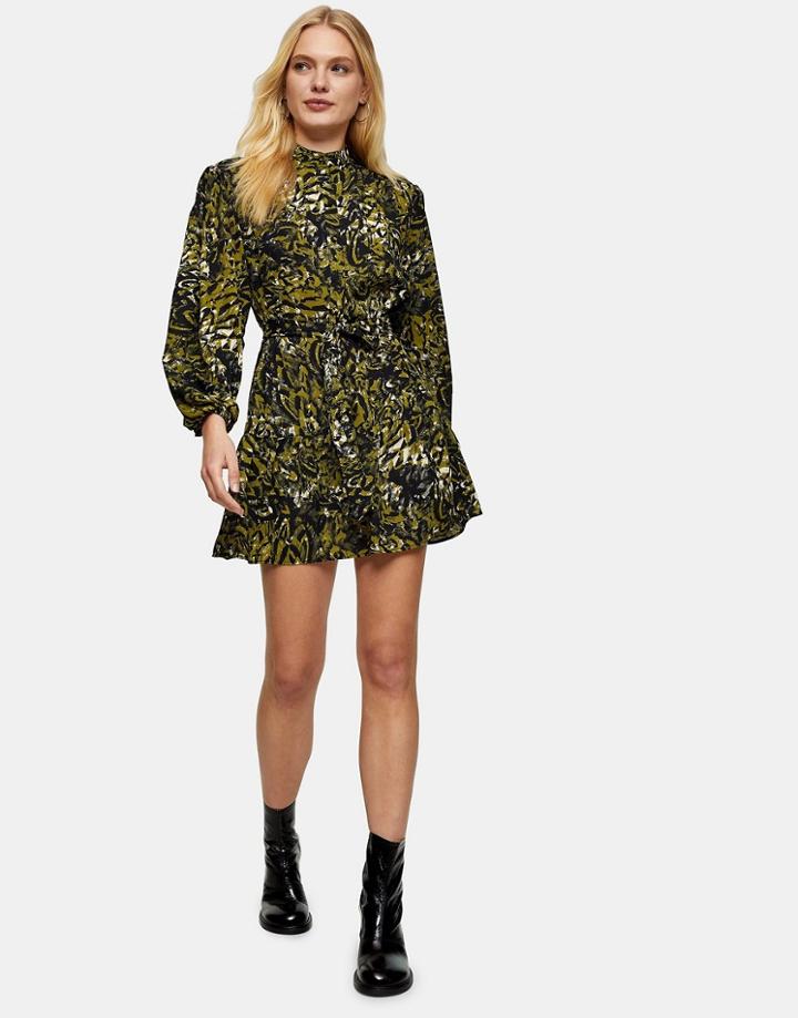 Topshop Leopard Frill Mini Shirt Dress In Khaki-green