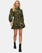 Topshop Leopard Frill Mini Shirt Dress In Khaki-green