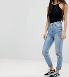 Asos Design Petite Farleigh Slim Mom Jeans In Light Stone Wash With Busted Knees-blue