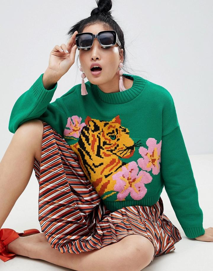 Asos Design Tiger Sweater With Tropical Flower - Green