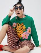 Asos Design Tiger Sweater With Tropical Flower - Green