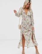 Asos Design Ditsy Print Shirred Waist Maxi Dress With Splits