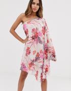 Lipsy Chiffon One Shoulder Embellised Mini Dress In Floral - Multi