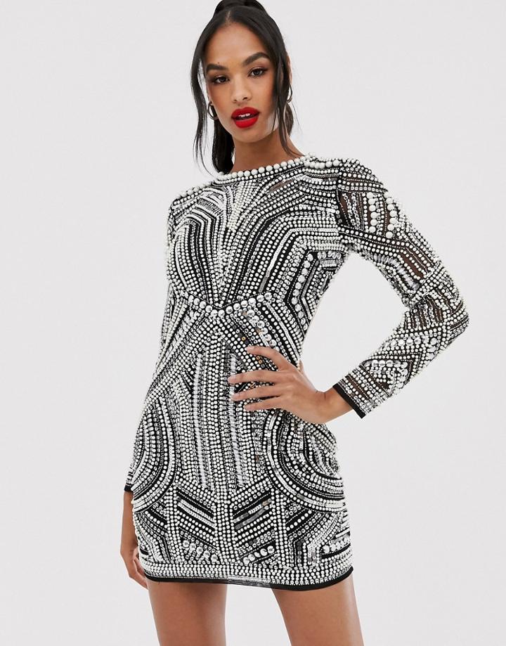 Asos Edition Sequin And Pearl Mini Bodycon Dress With Cut Out Back-black