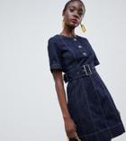 Warehouse Tie Waist Mini Dress In Dark Blue Denim - Blue