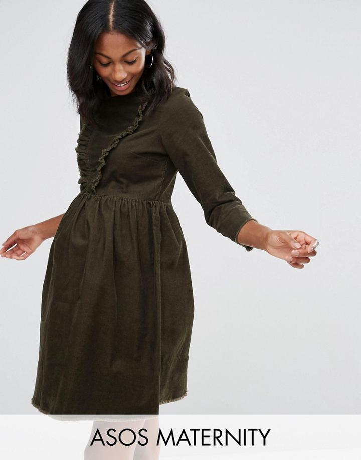 Asos Maternity Cord Smock Dress With Ruffle Detail In Forest Green - Green