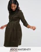 Asos Maternity Cord Smock Dress With Ruffle Detail In Forest Green - Green