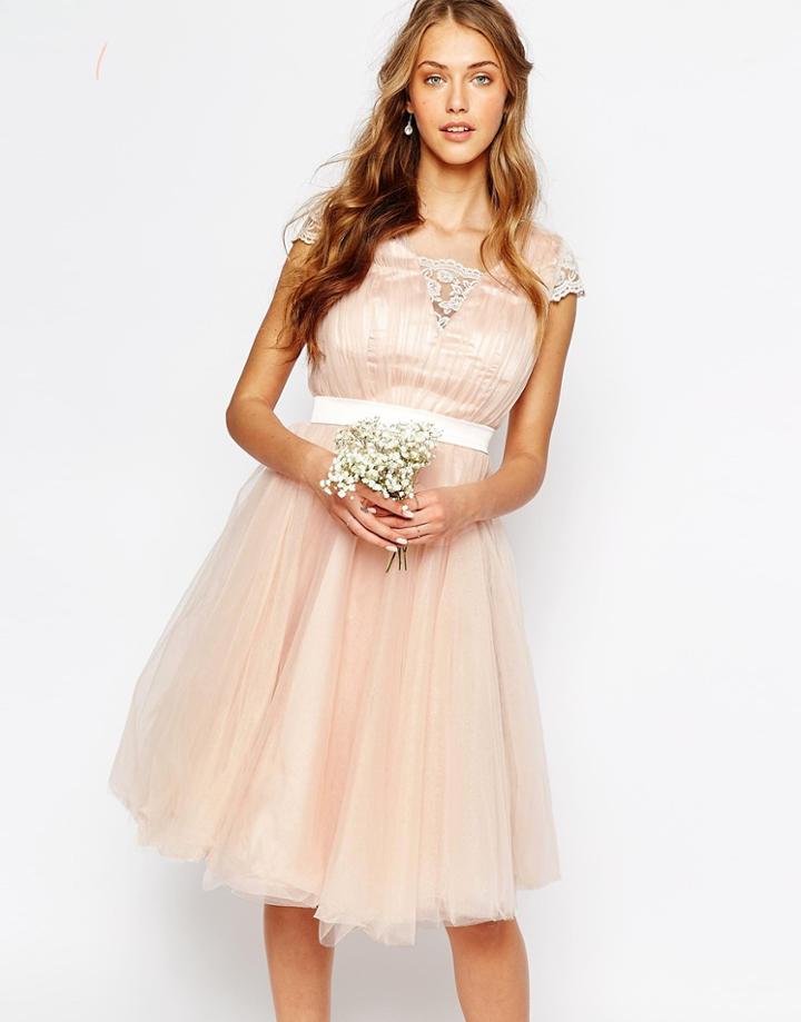 Chi Chi London Midi Dress With Tulle Skirt And Lace Back - Rose Cloud
