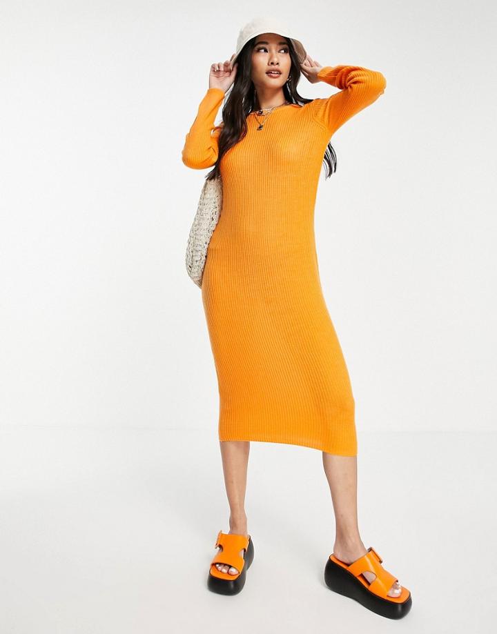 Vila Knitted Body-conscious Midi Dress With Cut Out Back In Bright Orange