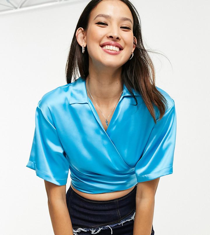 Collusion Recycled Polyester Satin Wrap Crop Shirt In Light Blue