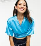 Collusion Recycled Polyester Satin Wrap Crop Shirt In Light Blue