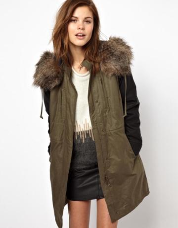 French Connection Military Parade Parka With Faux Leather Sleeves