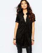 Noisy May Suedette Chiffon Back Shirt Tunic - Black