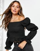 River Island Bardot Ruched Sleeve Lace Blouse In Black