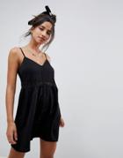 Asos Design Crinkle Button Through Sundress With Crochet Trim - Black