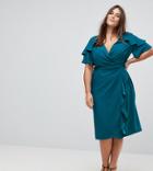 Asos Curve Midi Wrap Dress With Ruffle Sleeve - Green