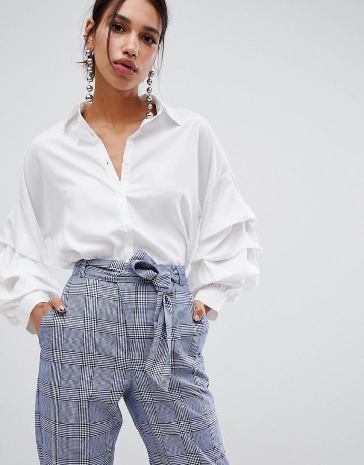 Ax Paris White Ruched Sleeve Shirt - White