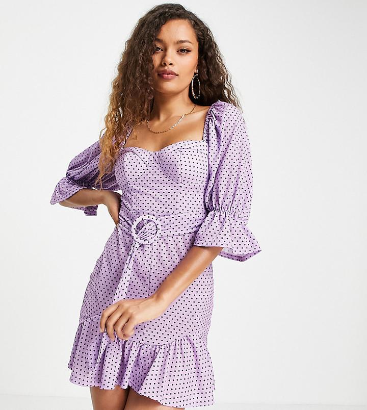 Asos Design Petite Puff Sleeve Cupped Belted Pep Hem Mini Dress In Lilac & Black Spot Print-multi