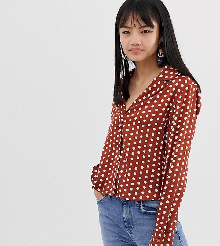 Glamorous Petite Revere Collar Blouse In Polka Dot Satin