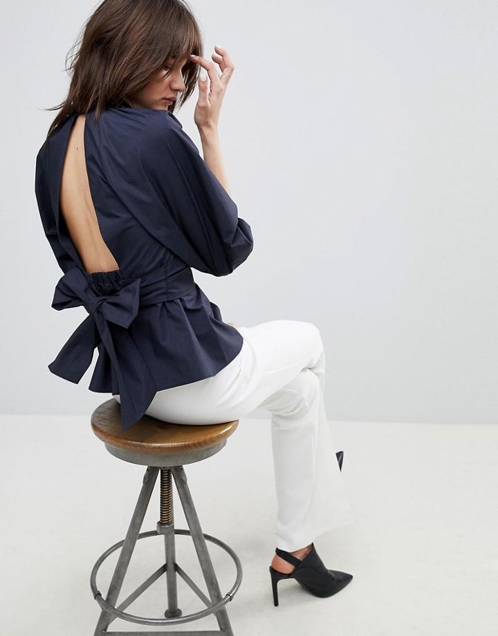 Asos Premium Cotton Open Back Top - Navy