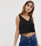 Asos Design Petite Crop Tank In Linen Mix In Black - Black