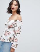 Nobody's Child Ruched Tea Blouse In Rose Print - White