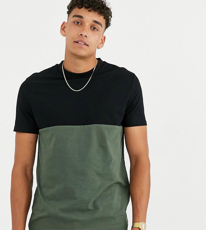 Asos Design Tall Organic T-shirt With Contrast Yoke In Khaki