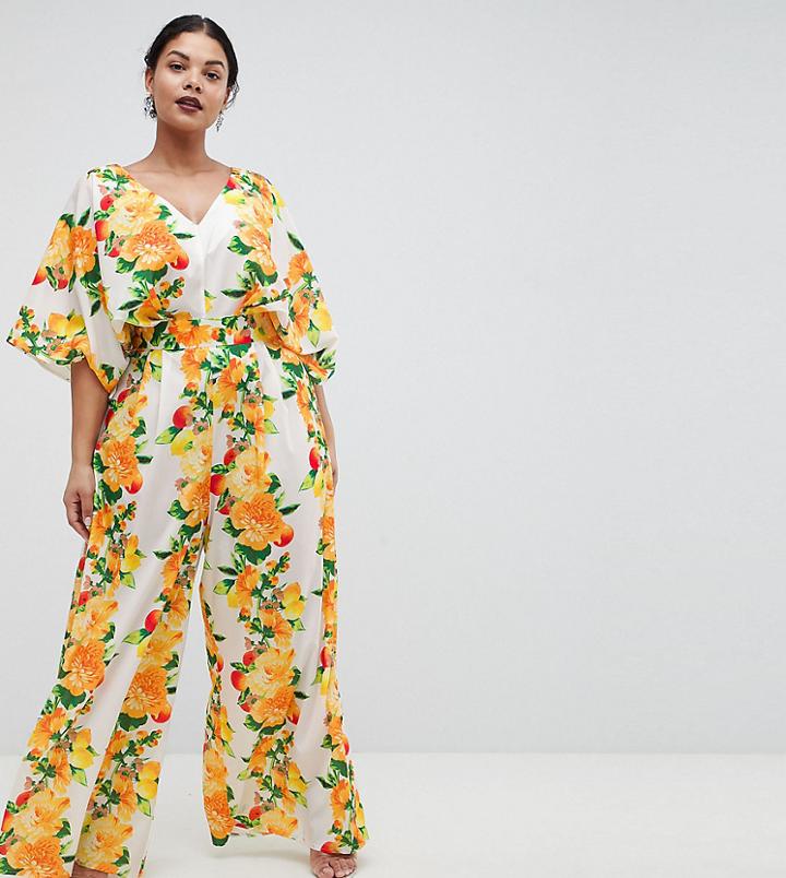 Asos Design Curve Kimono Jumpsuit With Wide Leg In Citrus Print - Multi
