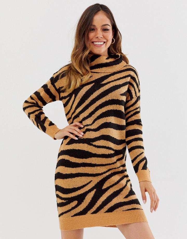 Brave Soul Zigby Animal Print Roll Neck Sweater Dress