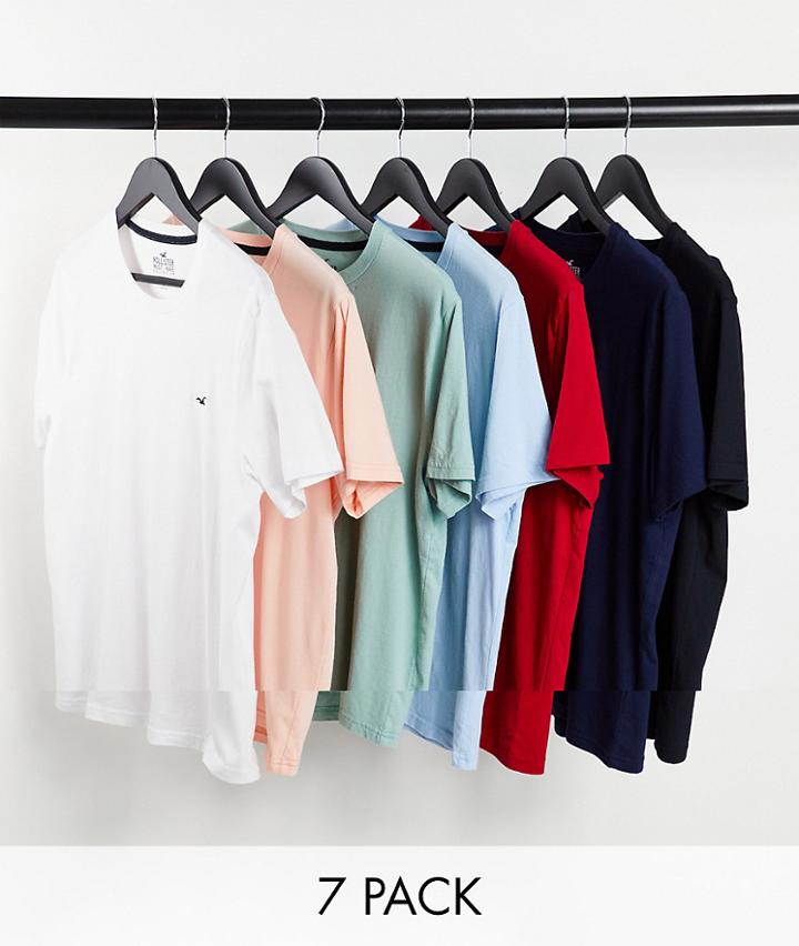 Hollister 7-pack Front Script & Icon Logo T-shirts In Black/white/pink/red/gray/green/blue-multi