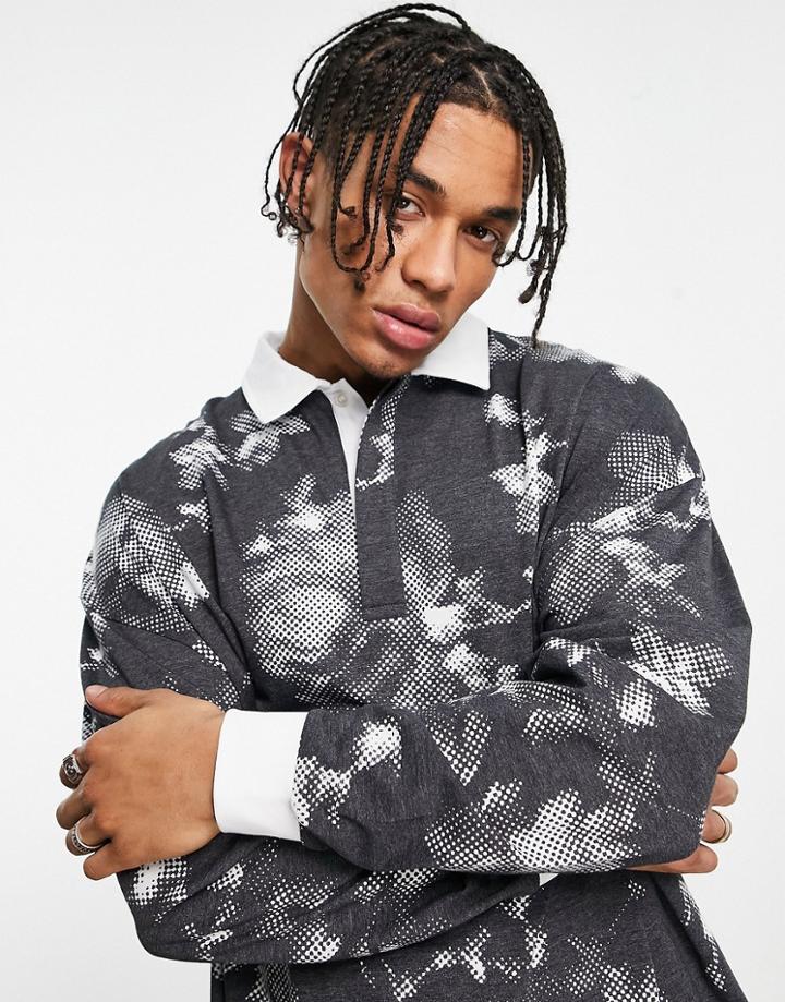 Topman Oversized Rugby Shirt With Floral Print In Black