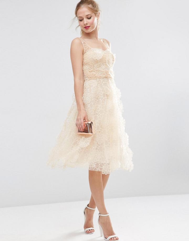Asos Salon 3d Flower Organza Midi Prom Dress - Cream