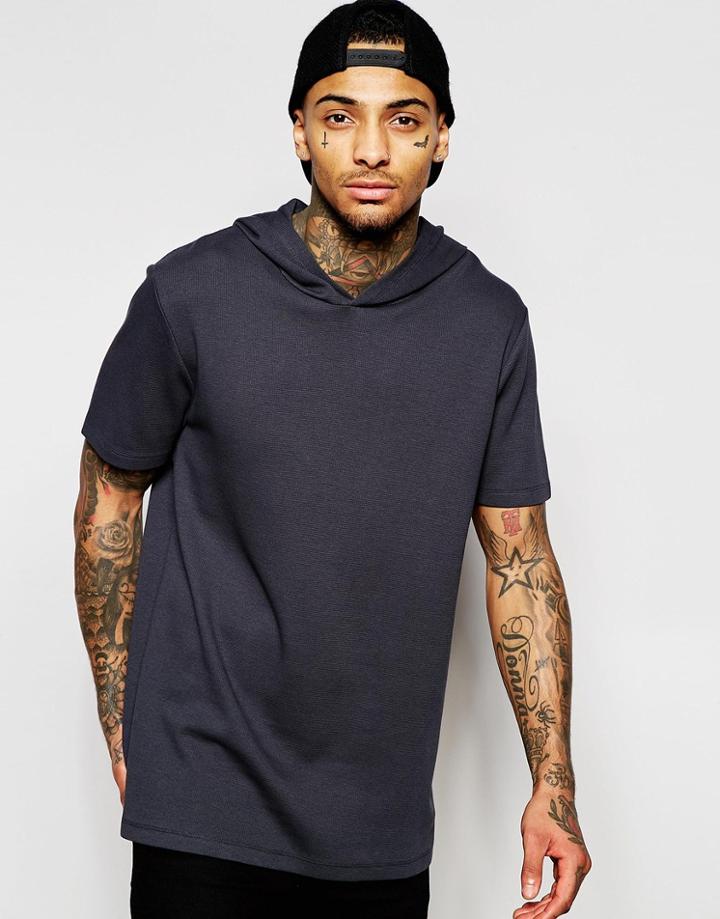 Asos Longline Hooded T-shirt In Waffle Fabric In Washed Black - Washed Black