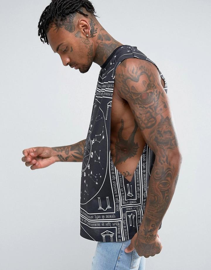 Asos Sleeveless T-shirt With Extreme Dropped Armhole And Mystic Print - Black