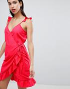 Vila Wrap Cami Dress With Ruffle Detail - Red