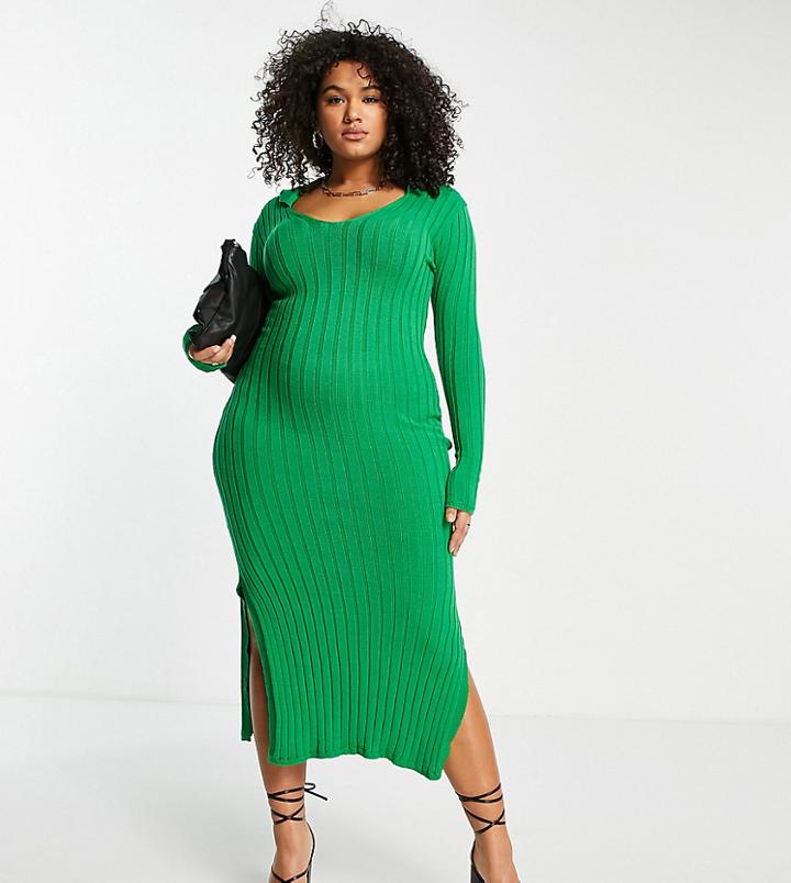 I Saw It First Plus Rib Midi Dress With Side Split In Green