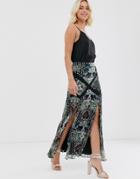 Asos Design Dark Floral Pleat Maxi Skirt With Lace Trim Inserts-multi